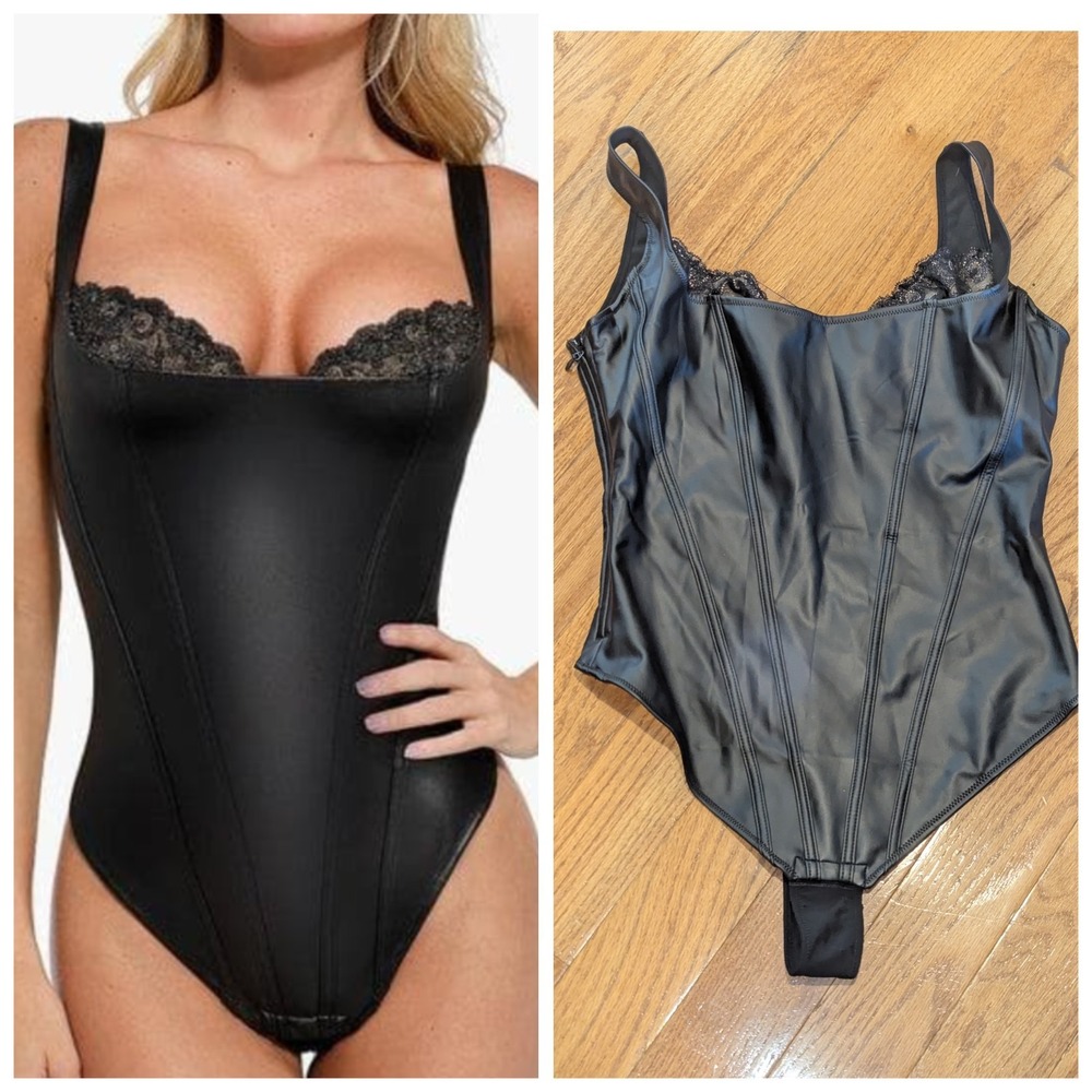 Popilush XL Faux Leather Lace Balconette Sculpting Bodysuit Black Shapewear